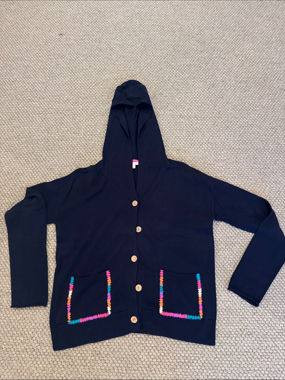 Lisa Todd Navy Hooded Cardigan with Multicolor Pocket Trim